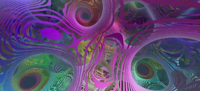 An artistic render from inside a lattice of saddle surfaces: colourful tunnels opening in every direction.