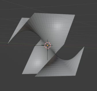 The hyperbolic paraboloid surface of z = x times y, rendered as two joined saddle sheets.