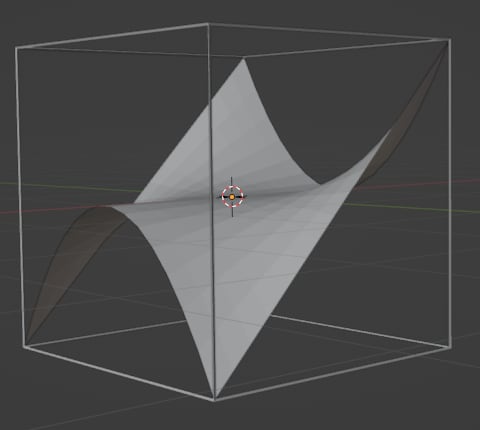 The surface z = x times y squared inside a wireframe cube: straight in one direction, an up-opening parabola on one edge and a down-opening parabola on the opposite edge.